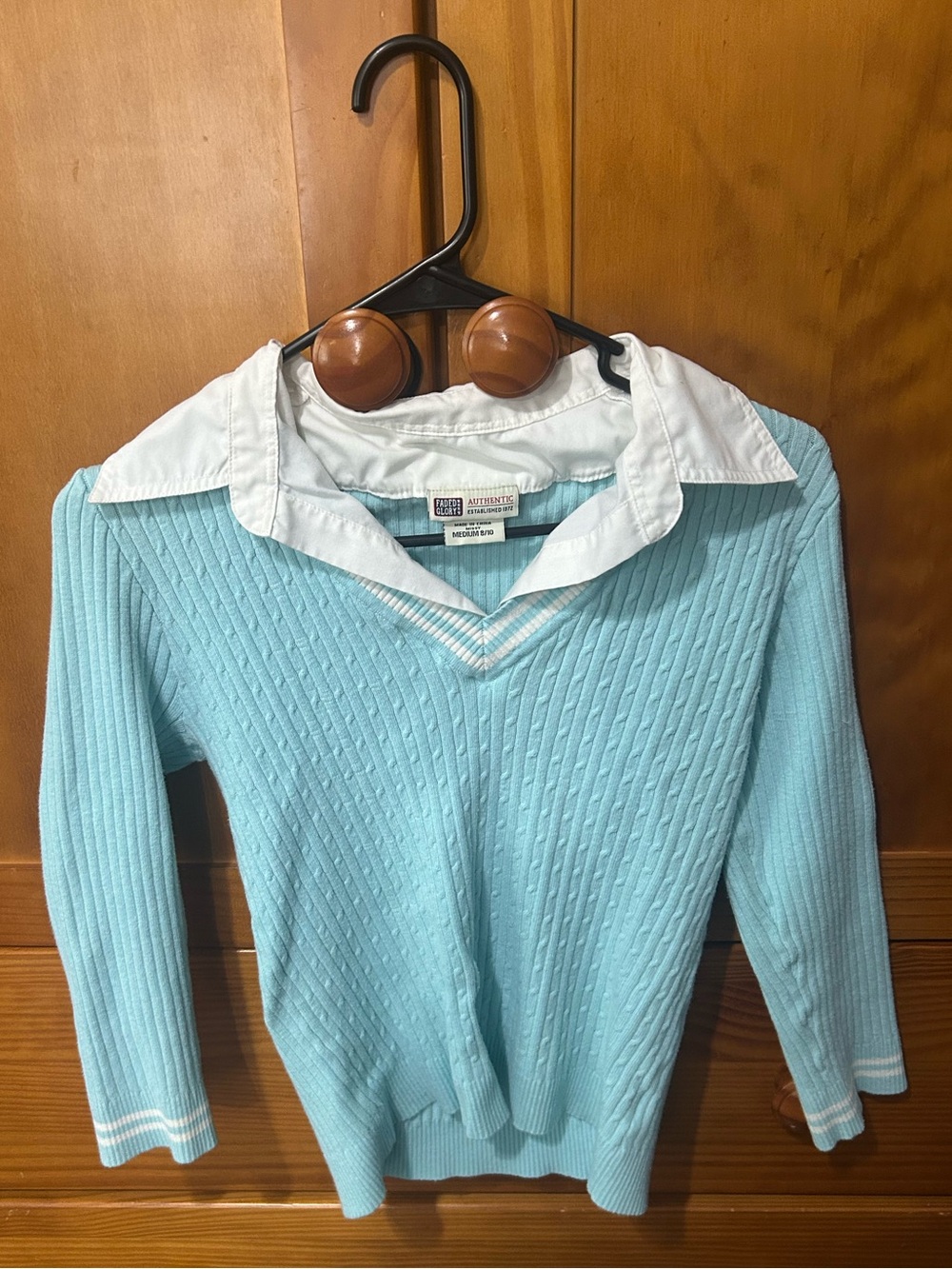 Vintage No Boundaries Light Blue V-Neck Cable Knit Sweater with White Collar